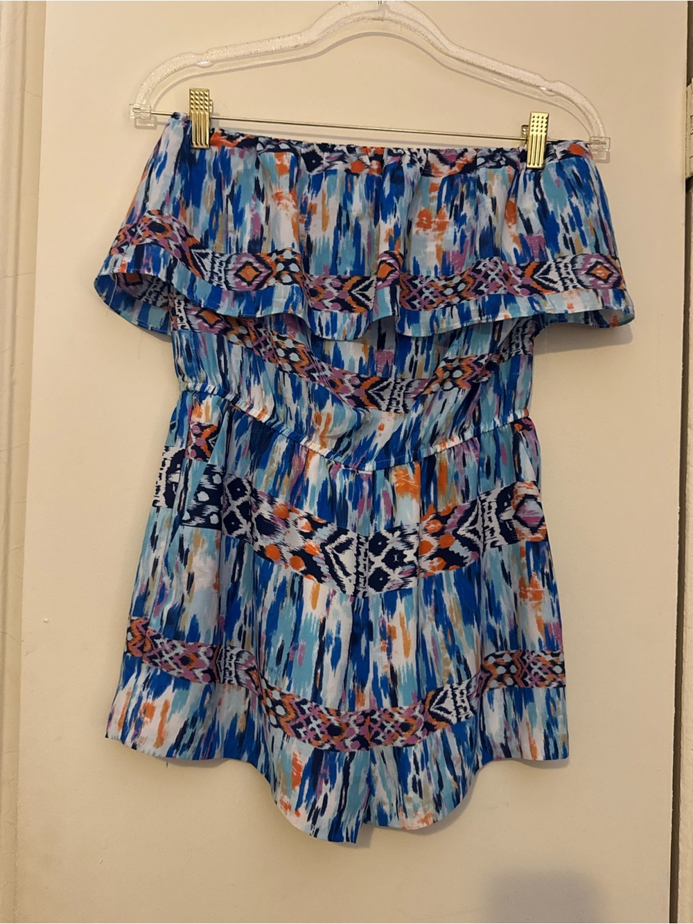 love...ady Blue Multi-Print Off-Shoulder One-Piece Romper